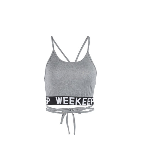 Women Fitness Tank Top Letter Print Patchwork Backless Crop Top Fashion Bandage Bow Cropped Feminino Halter Tops