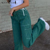 Weekeep 2022 Streetwear Green Denim Jeans Women Autumn High Waist Baggy 100% Cotton Cargo Pants Chic Patchwork Harajuku Trousers