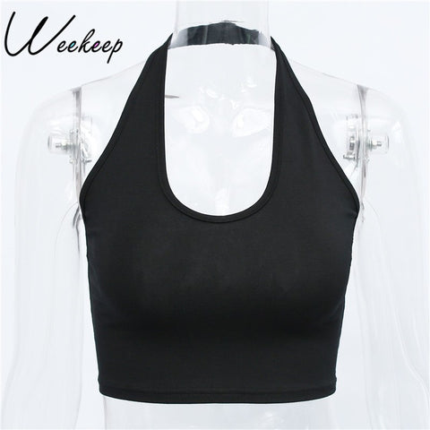 Fashion Halter Women Tank Top Knitted Solid Backless Sleeveless Crop Top Summer Fitness Cropped Feminino Bralette Shirt