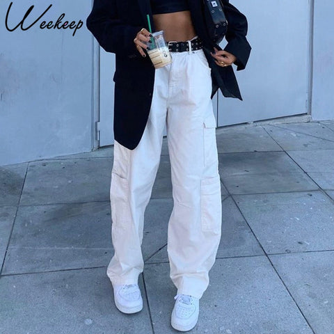 Weekeep Streetwear Women Jeans Pocket High Waist Jeans Korean Casual Straight Harajuku Denim Pants Baggy Cargo Pants