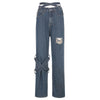 Weekeep Hollow Out Buckle Hole Straight Jeans Women High Waist 90s Vintage Denim Pants Streetwear Capris Trouser