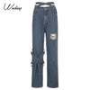 Weekeep Hollow Out Buckle Hole Straight Jeans Women High Waist 90s Vintage Denim Pants Streetwear Capris Trouser
