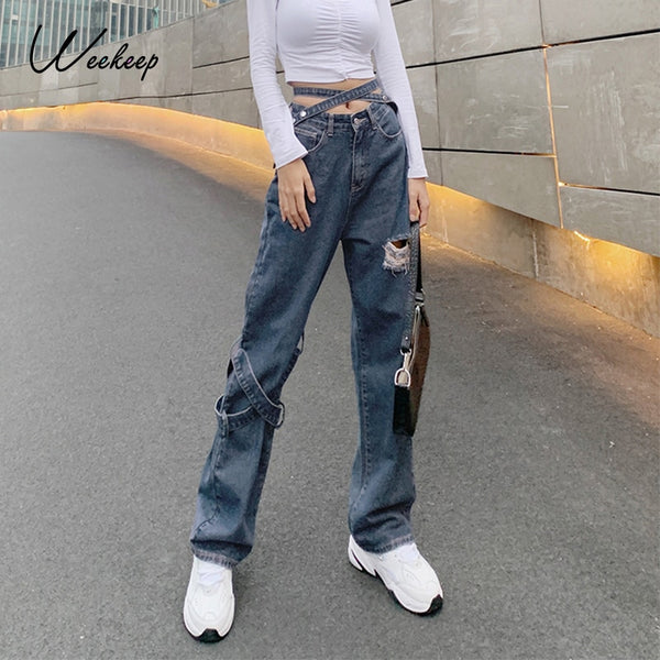 Weekeep Hollow Out Buckle Hole Straight Jeans Women High Waist 90s Vintage Denim Pants Streetwear Capris Trouser