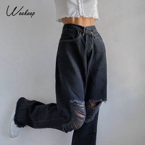 Weekeep Holes High Waist Jeans Femme Pantalon 90s Vintage Streetwear Loose Korean Trousers Joggers Women Denim Pants
