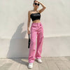 Weekeep Pink Pockets Patchwork 100% Cotton Jeans Women High Waist Baggy Denim Cargo Pants Summer Casual Retro Streetwear