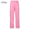 Weekeep Pink Pockets Patchwork 100% Cotton Jeans Women High Waist Baggy Denim Cargo Pants Summer Casual Retro Streetwear