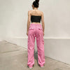 Weekeep Pink Pockets Patchwork 100% Cotton Jeans Women High Waist Baggy Denim Cargo Pants Summer Casual Retro Streetwear