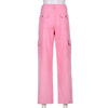 Weekeep Pink Pockets Patchwork 100% Cotton Jeans Women High Waist Baggy Denim Cargo Pants Summer Casual Retro Streetwear