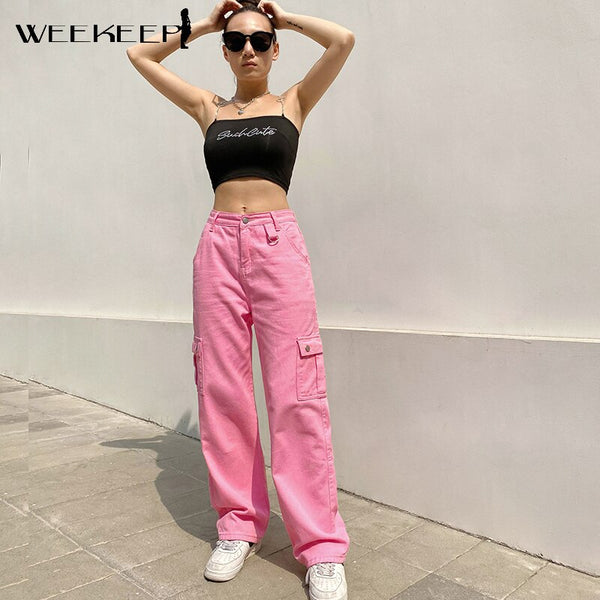 Weekeep Pink Pockets Patchwork 100% Cotton Jeans Women High Waist Baggy Denim Cargo Pants Summer Casual Retro Streetwear