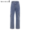 Weekeep Pockets Patchwork High Waist Jeans Women Streetwear Straight Jean Femme Blue 100% Cotton Cargo Pants