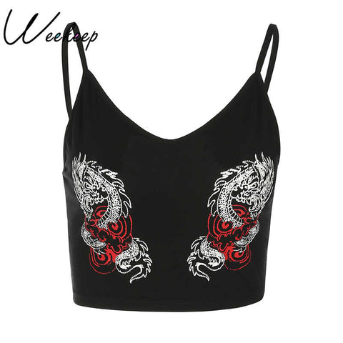Sexy Chinese Style V-neck Tank Top Women Black Dragon Printed Cropped Tanks Slim Feminino Crop Top Blusa Bustier Tops