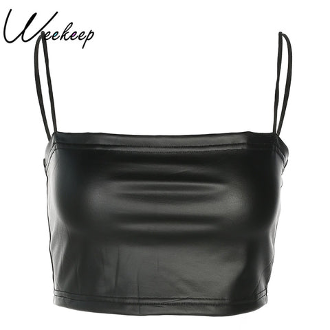 Sexy Cropped Leather Top Tank Womens Summer Black Bralette Crop Top Backless Camisole Tops Spaghetti Strap Tank Vest