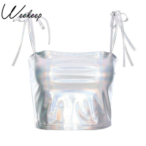 Sexy Cropped PU Leather Camisole Women Backless Sleevess Bralette Sequin Crop Top Summer Streetwear Boob Tube Top