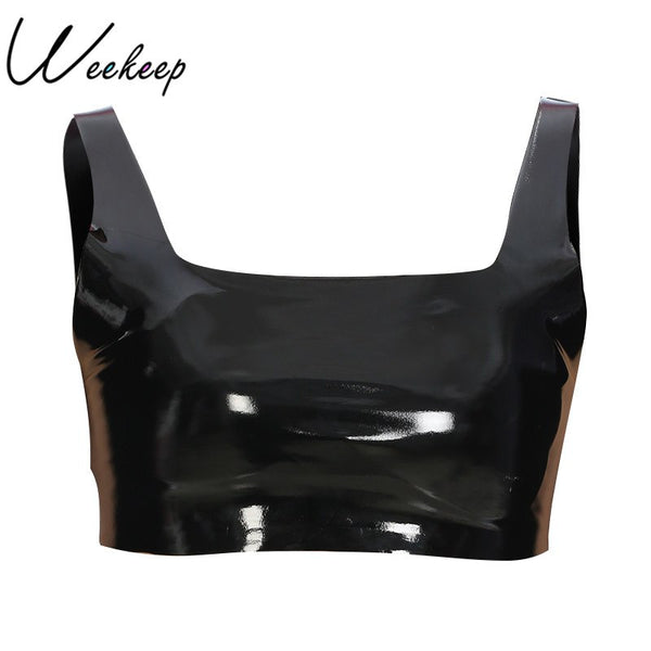 Sexy PU Leather Backless Tank Top Women Summer Sheath Bralette Crop Top Black Cropped Womens Fitness Workout Bra Tanks