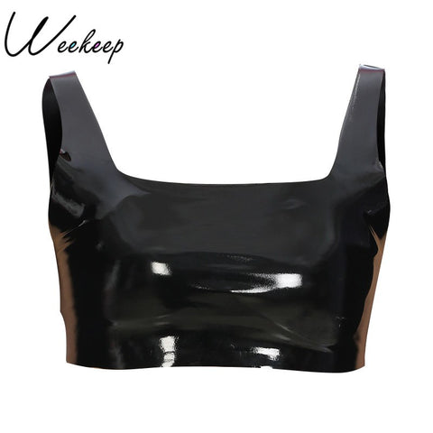 Sexy PU Leather Backless Tank Top Women Summer Sheath Bralette Crop Top Black Cropped Womens Fitness Workout Bra Tanks