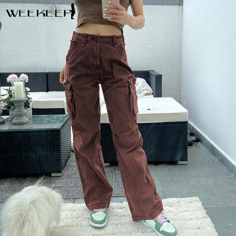 Weekeep Streetwear Baggy Denim Jeans Women High Waist Pockets Patchwork Casual Cargo Pants Harajuku Vintage Brown Straight Jeans