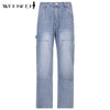 Weekeep Streetwear High Waist Jeans Women Baggy Cargo Pants Patchwork Denim Straight Trousers Autumn Casual Korean Harajuku 2022