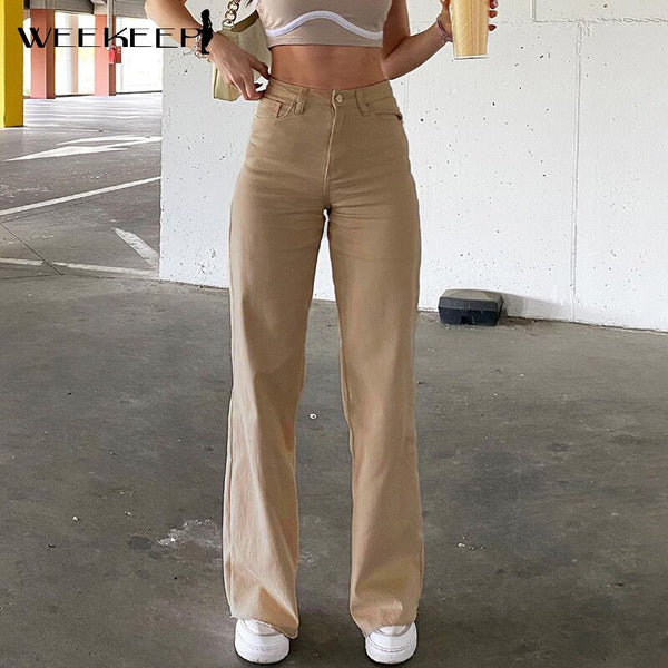 Weekeep Streetwear Loose Jeans Pants For Women Solid High Waist Denim Mom Pants Summer Casual Wide Leg Trousers Harajuku Fashion