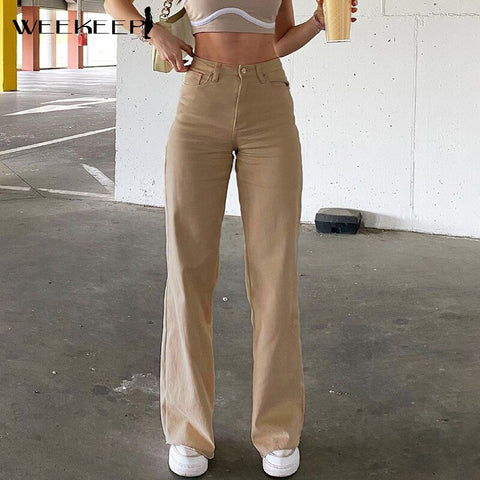 Weekeep Streetwear Loose Jeans Pants For Women Solid High Waist Denim Mom Pants Summer Casual Wide Leg Trousers Harajuku Fashion