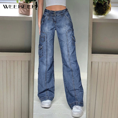 Weekeep Streetwear Women High Waist Jeans Pockets Patchwork Baggy Cargo Pants Summer Oversize Pants Korean Vintage Denim
