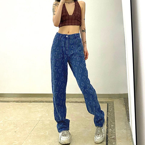 Weekeep Vintage Heart Straight Jeans Women Pocket High Waist Loose Denim Long Pants Summer Casual Harajuku Streetwear Korean
