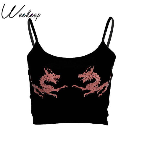 Women Cropped Dragon Print Cami Summer Sexy Black Spaghetti Strap Backless Crop Top 2022 Streetwear Bralet Tops Women
