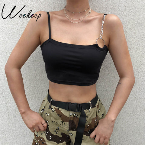 Women Sexy Cropped Black Camis Fashion Metal Spaghetti Strap Top Summer Streetwear Slim Waist Backless Fem Crop Top