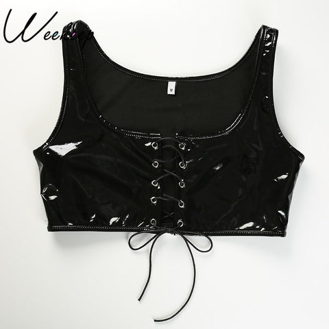 Women Sexy Cropped PU Leather Tank Top Women Front Bandage Hollow Out Summer Tops For Women Streetwear Crop Top Vest