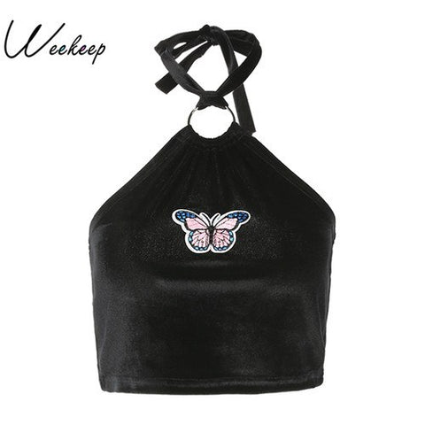 Women Sexy Halter Cropped Camisole Butterfly Applique Black Sleeveless Crop Top Feminino Bralette Fashion Summer Camis