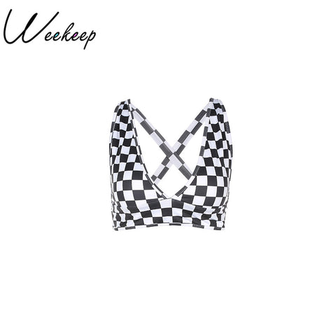 Women Sexy Party&Club Cropped Tank Top Checkerboard Print 2022 Camis Women Hot sexy Women Summer High Crop Top