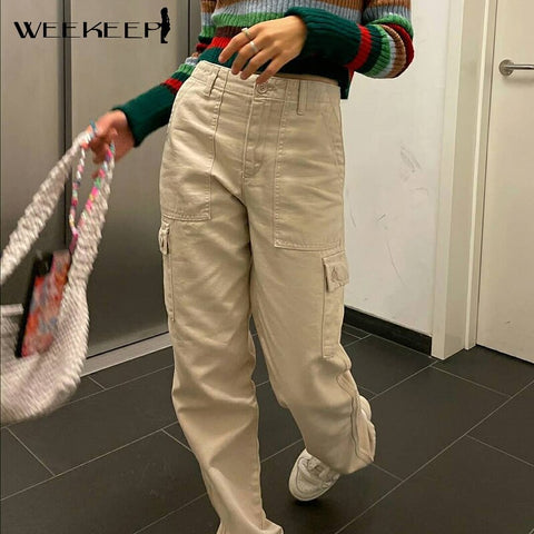 Weekeep Women Streetwear Baggy Cargo Jeans Vintage High Waist Pocket Patchwork Denim Pants Autumn Straight Leg Trousers Harajuku