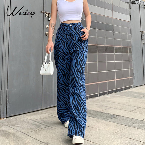 Weekeep Zebra Stripes Print Women Jeans 90s Vintage High Waisted Denim Pants Female Loose Harajuku Retro Cargo Straight Trousers