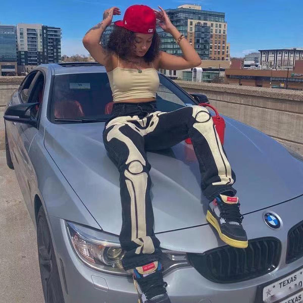 WeiYao Goth Pants Fall 2022 Skeleton Patterned Low Rise Baggy Jeans Femme Streetwear Women Black Denim Jean Trousers Cyber Y2k