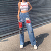 WeiYao Hollow Out Patches Grunge Mom Jeans Woman High Waist Straight Streetwear Cargo Pants Vintage Casual Denim Trousers 90s