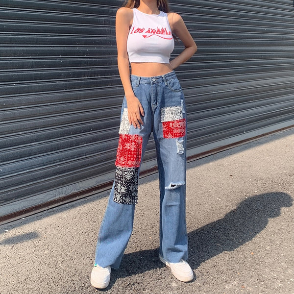 WeiYao Hollow Out Patches Grunge Mom Jeans Woman High Waist Straight Streetwear Cargo Pants Vintage Casual Denim Trousers 90s