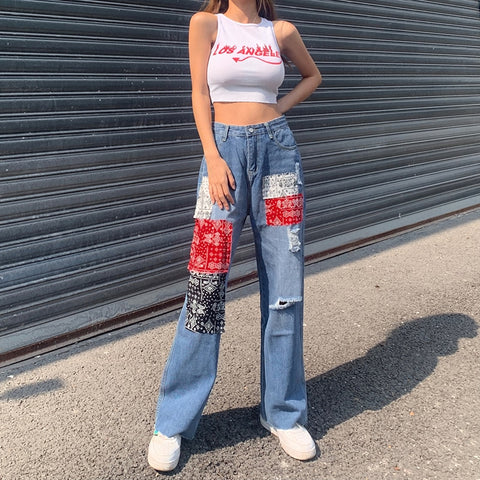 WeiYao Hollow Out Patches Grunge Mom Jeans Woman High Waist Straight Streetwear Cargo Pants Vintage Casual Denim Trousers 90s