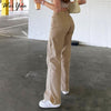 WeiYao Khaki Solid Casual Jeans Women 2022 Streetwear Cargo Pants Korean Style Retro High Waist Straight Denim Trousers