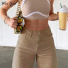 WeiYao Khaki Solid Casual Jeans Women 2022 Streetwear Cargo Pants Korean Style Retro High Waist Straight Denim Trousers