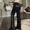 WeiYao Rivet Goth Black Jeans Dark Academic Girl Techwear Side Zipper Low Waist Straight Denim Trousers Women Streetwear