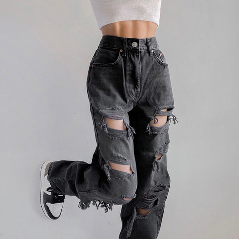 WeiYao Vintage Ripped Hole Jeans Women Baggy Cut Out High Waist Denim Pants Summer Korean y2k Streetwear Straight Jeans