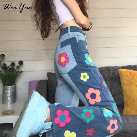WeiYao Woman High Waist Wide Leg Denim Jeans Blue Streetwear Vintage Quality 2022 Harajuku Straight Pants Floral Print