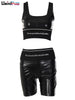 Weird Puss PU Leather 2 Piece Suit Women Letter Print Casual Solid Fitness Waistband Tank Top+Shorts Elastic Matching Streetwear