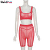 Weird Puss Sexy Mesh Striped Women Tracksuit Skinny Fitness 2 Piece Set Tank Top+Biker Shorts Matching Summer Party Clubwear