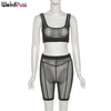 Weird Puss Sexy Mesh Striped Women Tracksuit Skinny Fitness 2 Piece Set Tank Top+Biker Shorts Matching Summer Party Clubwear