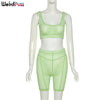 Weird Puss Sexy Mesh Striped Women Tracksuit Skinny Fitness 2 Piece Set Tank Top+Biker Shorts Matching Summer Party Clubwear