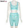 Weird Puss Sexy Mesh Striped Women Tracksuit Skinny Fitness 2 Piece Set Tank Top+Biker Shorts Matching Summer Party Clubwear