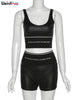 Weird Puss Women PU Leather 2 Piece Set Waistband Tank Top+Shorts Letter Print Casual Solid Fitness Elastic Matching Streetwear