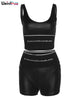 Weird Puss Women PU Leather 2 Piece Set Waistband Tank Top+Shorts Letter Print Casual Solid Fitness Elastic Matching Streetwear