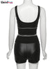 Weird Puss Women PU Leather 2 Piece Set Waistband Tank Top+Shorts Letter Print Casual Solid Fitness Elastic Matching Streetwear
