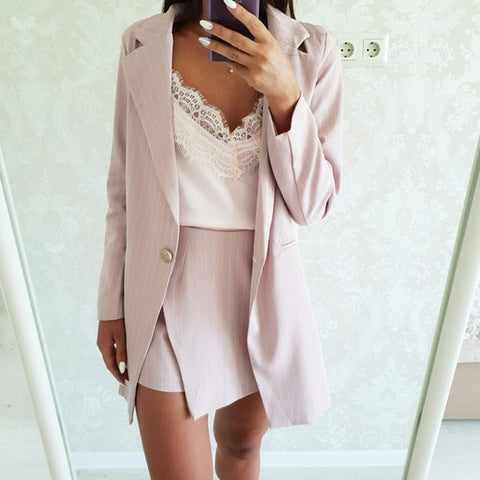 Wenfly Women Outfits Single Button Notched Striped Blazer Jackets A-line Mini Skirts Suits Two Pieces Sets Female